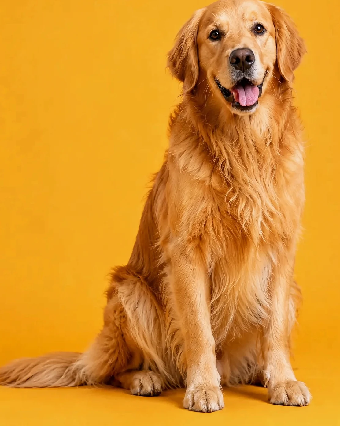 Happy golden retriever sitting against a golden yellow studio background
