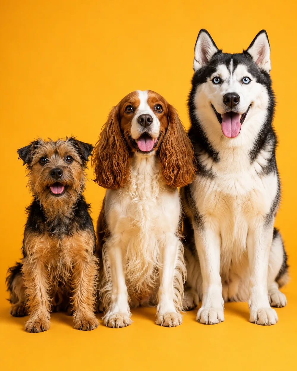 A terrier, a spaniel, and a husky sitting side by side against a golden yellow background
