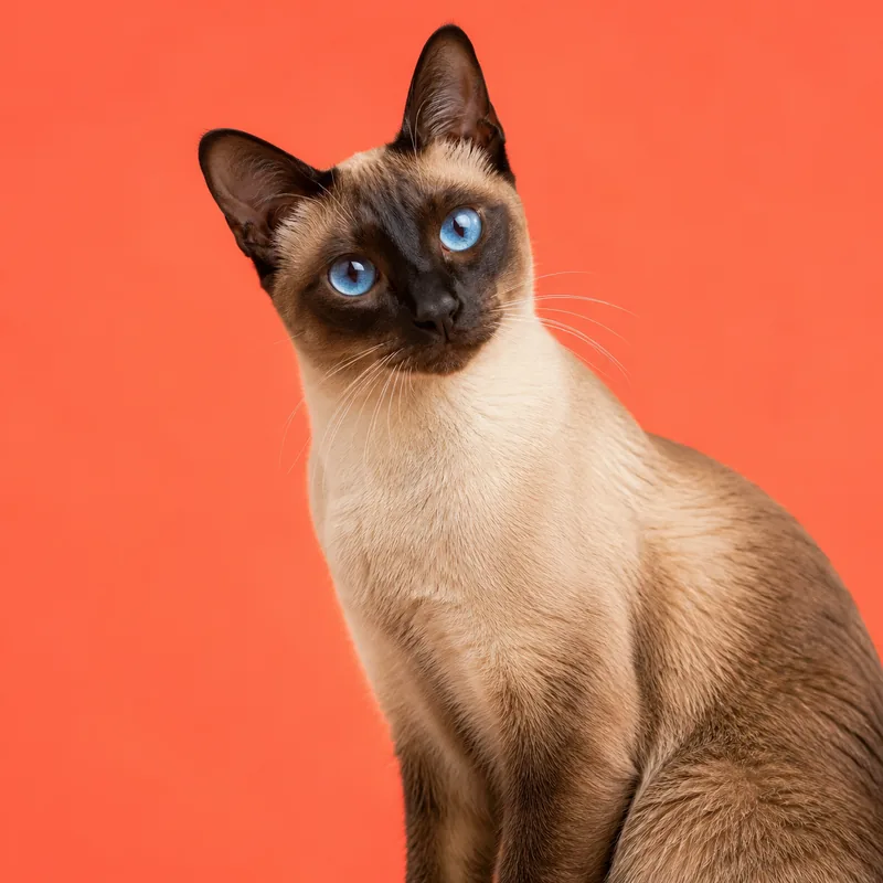 Siamese cat with blue eyes against a coral background