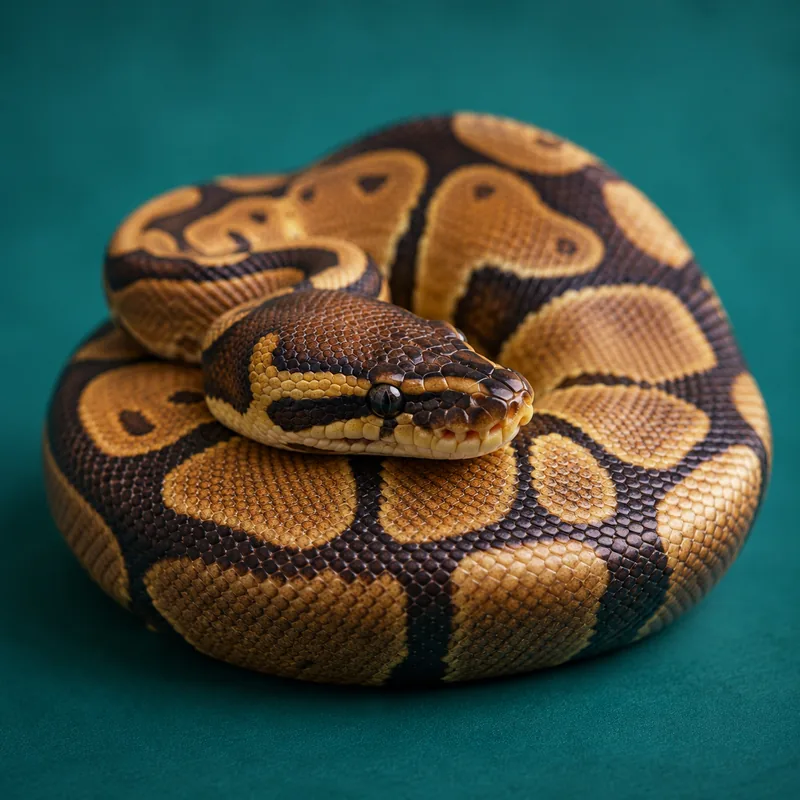 Ball python coiled calmly against a teal background