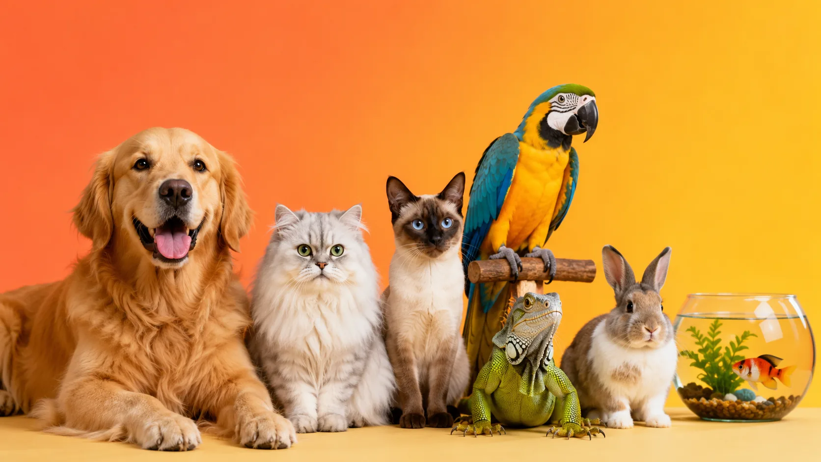 Golden retriever, Persian cat, Siamese cat, macaw, iguana, rabbit, and a goldfish bowl lined up together against an orange and yellow background