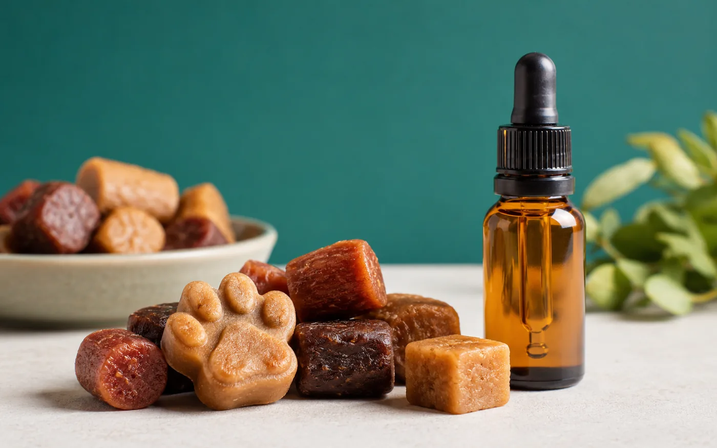 Flavoured pet medication chews, including a paw-shaped chew, beside a dropper bottle on a teal background