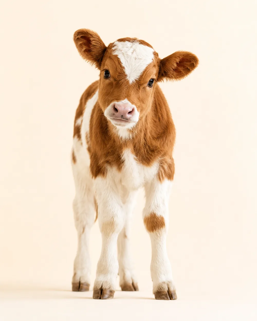 Young brown and white calf standing against a warm cream background
